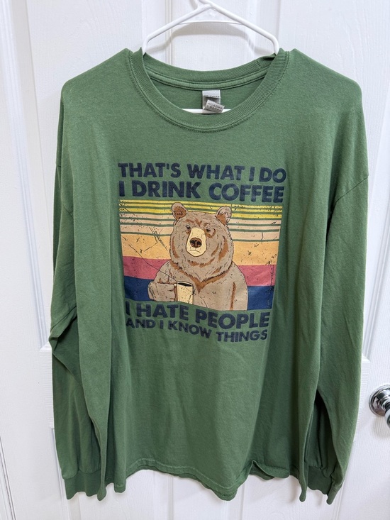 Gildan Other - Green Bear Coffee Graphic Long Sleeve Tee, Size XL